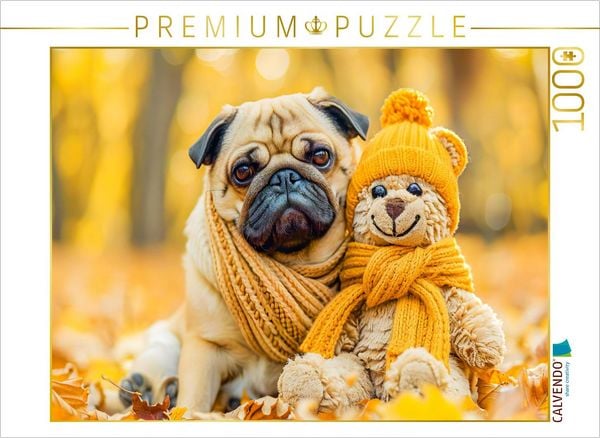 CALVENDO Puzzle Mops und Plüschtierkumpel im Herbst. | 1000 Teile Lege-Größe 64x48cm Foto-Puzzle für glückliche Stunden