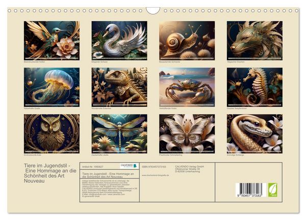Produktbild: Tiere im Jugendstil - Eine Hommage an die Sch&ouml;nheit des Art Nouveau (Wandkalender 2026 DIN A3 quer), CALVENDO Monatskalender