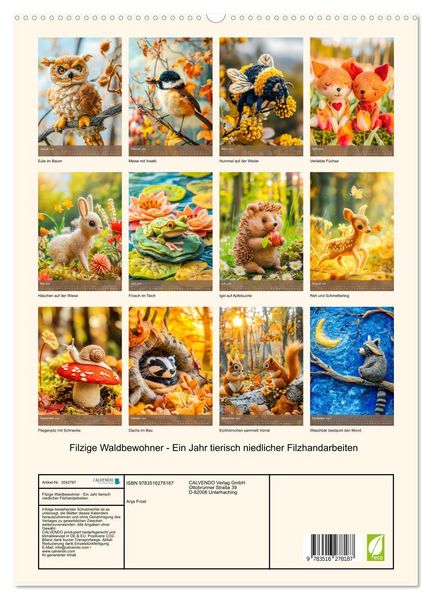 Produktbild: Filzige Waldbewohner - Ein Jahr tierisch niedlicher Filzhandarbeiten (hochwertiger Premium Wandkalender 2026 DIN A2 hoch), Kunstdruck in Hochglanz
