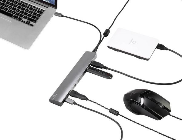 Produktbild: Renkforce RF-3374946 USB-Hub 6+1 Port USB-A USB 3.2 Gen1 5 GBit/s mit Pass-Through Stromanschluss, mit Aluminiumgeh&auml;use Silber