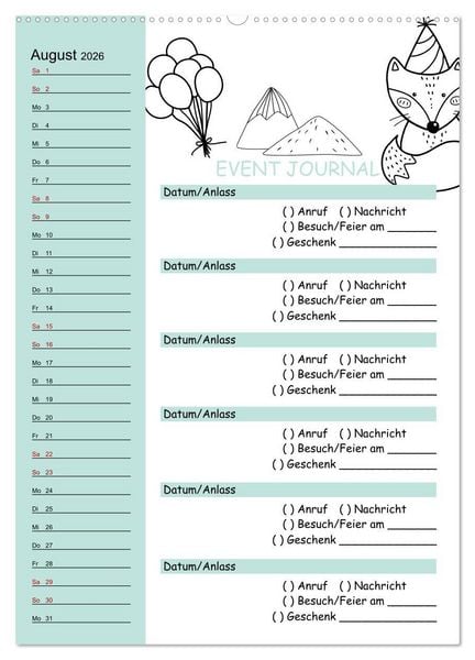 Produktbild: Geburtstagsplaner Doodle Tiere - F&uuml;r Termine, Geschenke, Eventdetails & mehr (Wandkalender 2026 DIN A2 hoch), CALVENDO Monatskalender