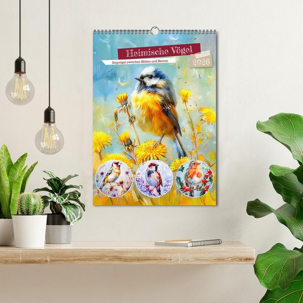 Produktbild: Heimische V&ouml;gel - Singv&ouml;gel zwischen Bl&uuml;ten und Beeren (Wandkalender 2026 DIN A3 hoch), CALVENDO Monatskalender