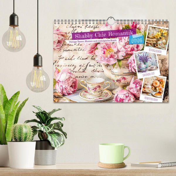 Produktbild: Shabby Chic Romantik - Vintage Tassen, Blumen und nostalgische Briefe (Wandkalender 2026 DIN A4 quer), CALVENDO Monatskalender