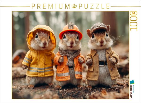 CALVENDO Puzzle Drei Eichhörnchen in Arbeitskleidung im Wald | 1000 Teile Lege-Größe 64x48cm Foto-Puzzle für glückliche Stunden