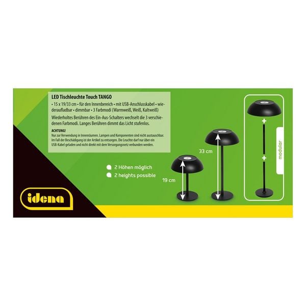 Produktbild: Idena LED Tischleuchte Touch Tango Metall schwarz 15x33cm Akku USB dimmbar 3 Modi Innen