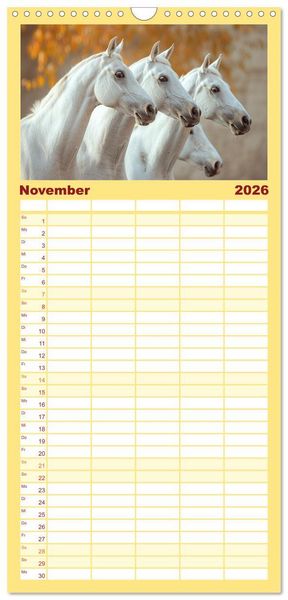 Produktbild: Familienplaner 2026 - Bezaubernde Eleganz wei&szlig;er Pferde mit 5 Spalten (Wandkalender, 21 x 45 cm) CALVENDO