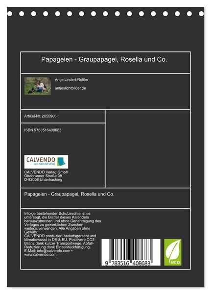Produktbild: Papageien - Graupapagei, Rosella und Co. (Tischkalender 2026 DIN A5 hoch), CALVENDO Monatskalender