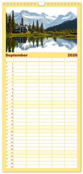 Produktbild: Familienplaner 2026 - Abenteuer Wildcamping - Mit dem Camper um die Welt mit 5 Spalten (Wandkalender, 21 x 45 cm) CALVENDO