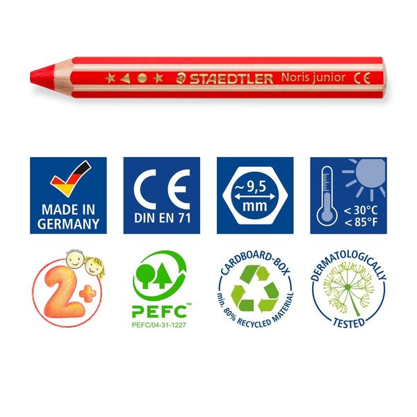 STAEDTLER Noris junior 140 Kindermalstift 3 in 1, Kartonetui mit 18 Malstiften in sortierten Farben, 1 Spitzer und 1 Pinsel, 140 C18