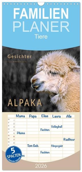 Familienplaner 2026 - Alpaka Gesichter mit 5 Spalten (Wandkalender, 21 x 45 cm) CALVENDO