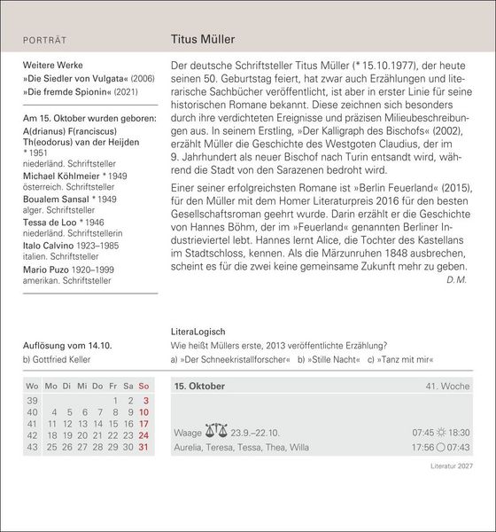 Produktbild: Literatur Tagesabrei&szlig;kalender 2027 - Kulturkalender - Autoren, Werke, H&ouml;rb&uuml;cher