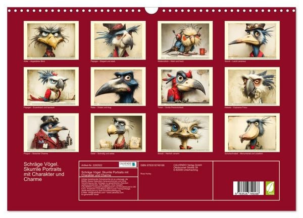 Produktbild: Schr&auml;ge V&ouml;gel. Skurrile Portraits mit Charakter und Charme (Wandkalender 2027 DIN A3 quer), CALVENDO Monatskalender