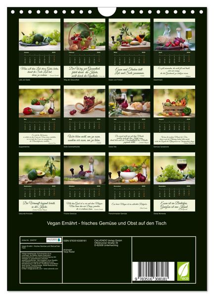 Produktbild: Vegan Ern&auml;hrt - frisches Gem&uuml;se und Obst auf den Tisch (Wandkalender 2026 DIN A4 hoch), CALVENDO Monatskalender