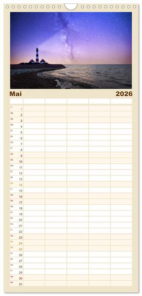 Produktbild: Familienplaner 2026 - Leuchtt&uuml;rme - An den sch&ouml;nsten K&uuml;sten. mit 5 Spalten (Wandkalender, 21 x 45 cm) CALVENDO