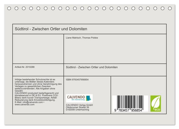 Produktbild: S&uuml;dtirol - Zwischen Ortler und Dolomiten (Tischkalender 2026 DIN A5 quer), CALVENDO Monatskalender