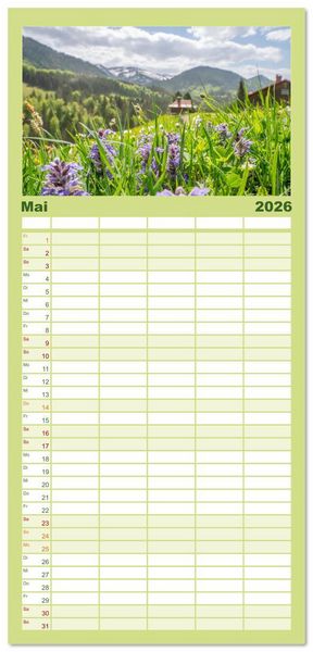 Produktbild: Familienplaner 2026 - Naturwunder Berge mit 5 Spalten (Wandkalender, 21 x 45 cm) CALVENDO