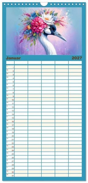 Produktbild: Familienplaner 2027 - Blumige Vogelportr&auml;ts mit 5 Spalten (Wandkalender, 21 x 45 cm) CALVENDO