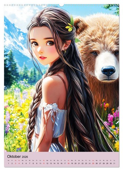 Produktbild: Magische Manga-Girls. Zauberhafte Illustrationen mit Krafttieren (Wandkalender 2026 DIN A2 hoch), CALVENDO Monatskalender