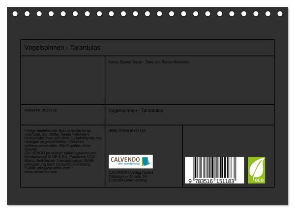 Produktbild: Vogelspinnen - Tarantulas (Tischkalender 2026 DIN A5 quer), CALVENDO Monatskalender