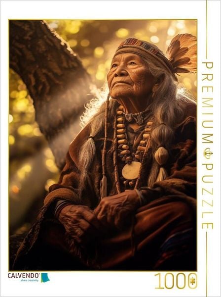 CALVENDO Puzzle Sonnenstrahlen der Weisheit: Ein alter Häuptling im Waldlicht | 1000 Teile Lege-Größe 64x48cm Foto-Puzzle für glückliche Stunden