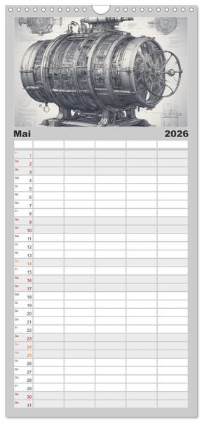 Produktbild: Familienplaner 2026 - Steampunk - Blaupausen mit 5 Spalten (Wandkalender, 21 x 45 cm) CALVENDO
