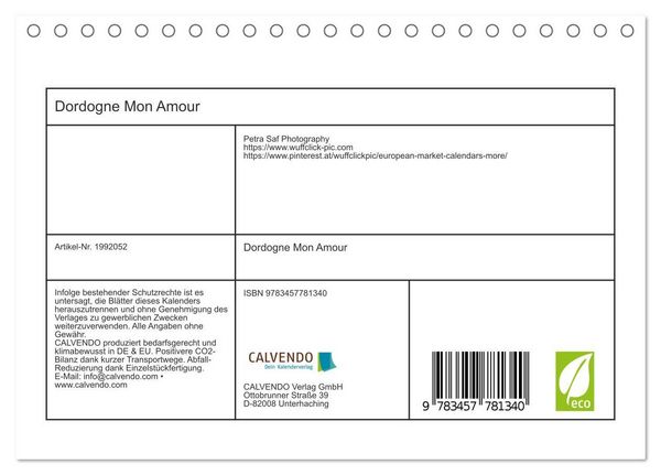 Produktbild: Dordogne Mon Amour (Tischkalender 2026 DIN A5 quer), CALVENDO Monatskalender