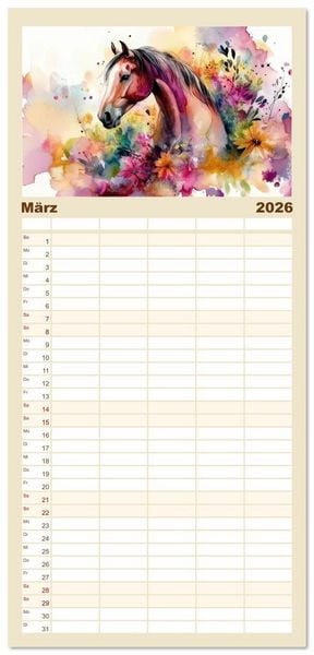 Produktbild: Familienplaner 2026 - Hufspuren im Bl&uuml;tenmeer mit 5 Spalten (Wandkalender, 21 x 45 cm) CALVENDO