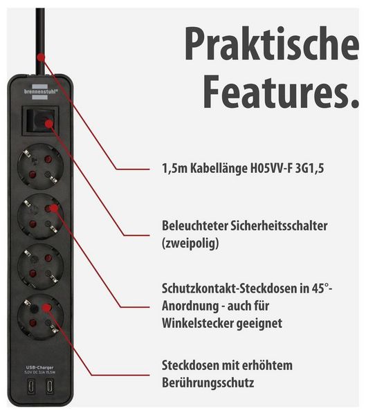 Produktbild: Brennenstuhl 1153240106 Steckdosenleiste mit Schalter Schwarz Schutzkontakt 1 St.