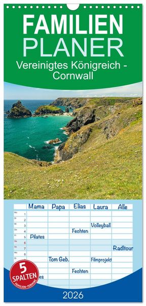 Familienplaner 2026 - Vereinigtes Königreich - Cornwall mit 5 Spalten (Wandkalender, 21 x 45 cm) CALVENDO