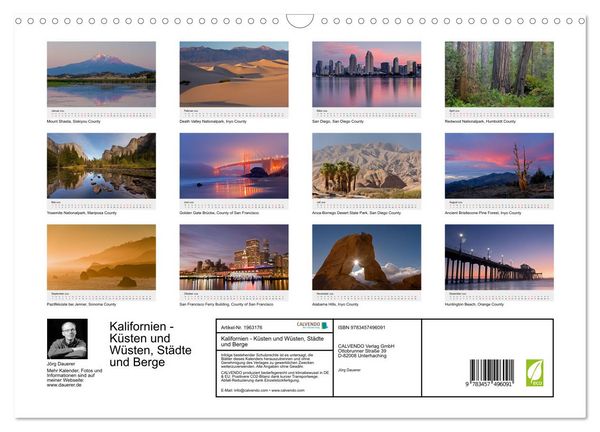 Produktbild: Kalifornien - K&uuml;sten und W&uuml;sten, St&auml;dte und Berge (Wandkalender 2026 DIN A3 quer), CALVENDO Monatskalender