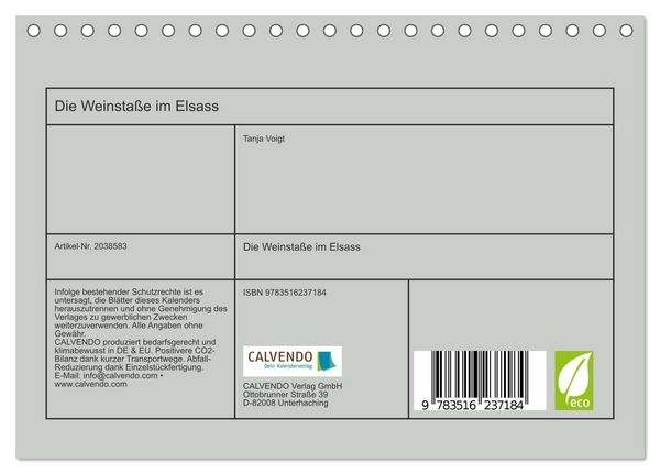 Produktbild: Die Weinsta&szlig;e im Elsass (Tischkalender 2026 DIN A5 quer), CALVENDO Monatskalender