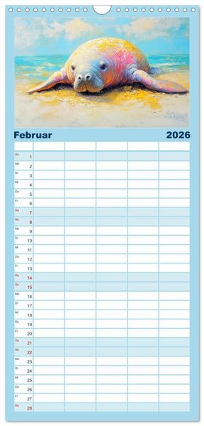 Produktbild: Familienplaner 2026 - Manatee Paintings. Rundschwanzseek&uuml;he im &Ouml;lgem&auml;lde-Stil mit 5 Spalten (Wandkalender, 21 x 45 cm) CALVENDO