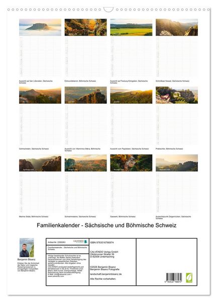 Produktbild: Familienkalender - S&auml;chsische und B&ouml;hmische Schweiz (Wandkalender 2027 DIN A2 hoch), CALVENDO Monatskalender