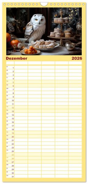 Produktbild: Familienplaner 2026 - Stillleben mit Eule mit 5 Spalten (Wandkalender, 21 x 45 cm) CALVENDO