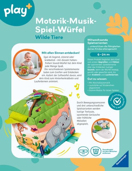 Produktbild: Play+ Motorik-Musik-Spiel-W&uuml;rfel: Wilde Tiere - ab 6 Monate