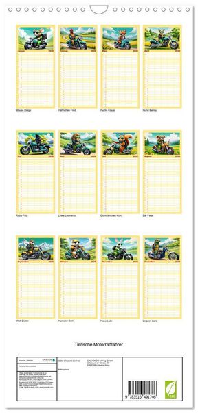 Produktbild: Familienplaner 2026 - Tierische Motorradfahrer mit 5 Spalten (Wandkalender, 21 x 45 cm) CALVENDO
