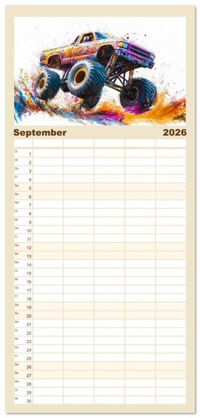 Produktbild: Familienplaner 2026 - Die Macht der Monstertrucks mit 5 Spalten (Wandkalender, 21 x 45 cm) CALVENDO