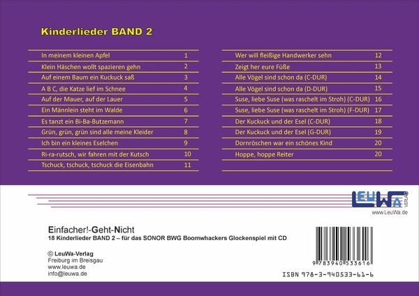 Produktbild: Einfacher!-Geht-Nicht: 18 Kinderlieder BAND 2 &ndash; f&uuml;r das SONOR&reg; BWG Boomwhackers Glockenspiel mit CD