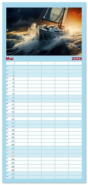 Produktbild: Familienplaner 2026 - Mit dem Wind um die Welt - segeln mit 5 Spalten (Wandkalender, 21 x 45 cm) CALVENDO