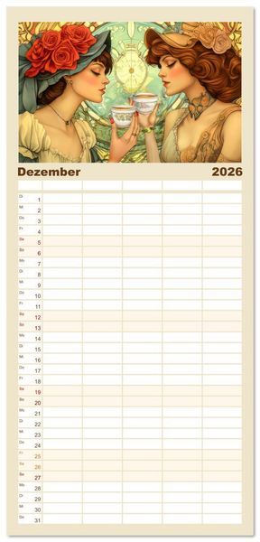 Produktbild: Familienplaner 2026 - Die Epoche Art Nouveau - Mit eleganter Mode mit 5 Spalten (Wandkalender, 21 x 45 cm) CALVENDO