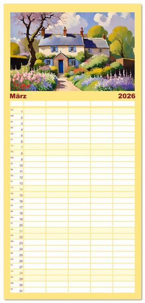 Produktbild: Familienplaner 2026 - Englische Cottages mit 5 Spalten (Wandkalender, 21 x 45 cm) CALVENDO