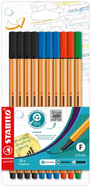 Produktbild: STABILO Fineliner - point 88 - 10er Pack Office - 4 x schwarz, 3 x blau, 2 x rot, 1 x grün