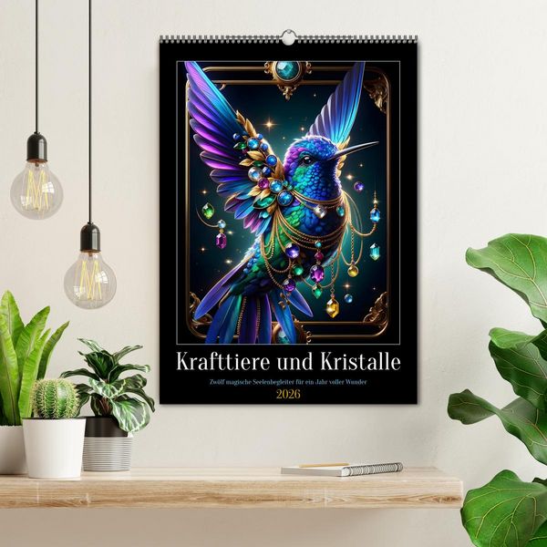 Produktbild: Krafttiere und Kristalle (Wandkalender 2026 DIN A2 hoch), CALVENDO Monatskalender