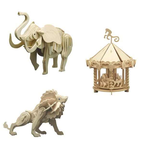 Produktbild: PEBARO 870 - Holzbausatz Zirkus-Set, L&ouml;we, Karussell, Elefant, 3 Holzkonstruktionen zum Zusammenstecken