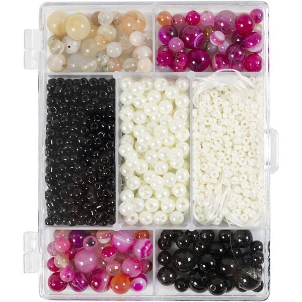 Produktbild: Creativ Company Kreativ Mix Schmuck, Achate, Gr&ouml;&szlig;e 2,6-10 mm, Lochgr&ouml;&szlig;e 0,8-1,8 mm, Beige, Schwarz, Pink, Perlmuttwei&szlig;