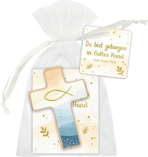 Produktbild: Holzkreuz mit Mini-B&uuml;chlein &ndash; Du bist geborgen in Gottes Hand