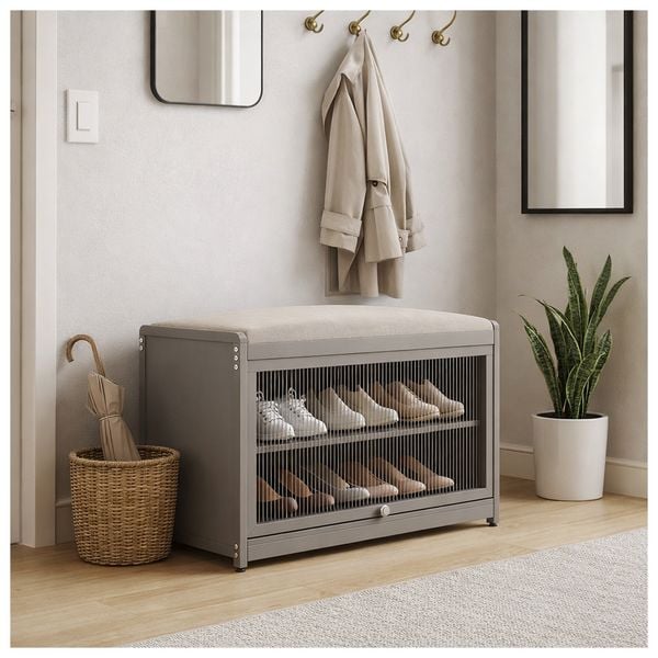 HTI-Living Schuhschrank mit Schiebetür und Sitzkissen Braun