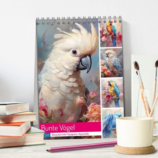 Produktbild: Bunte V&ouml;gel. Bezaubernde Papageien-Aquarelle (Tischkalender 2026 DIN A5 hoch), CALVENDO Monatskalender