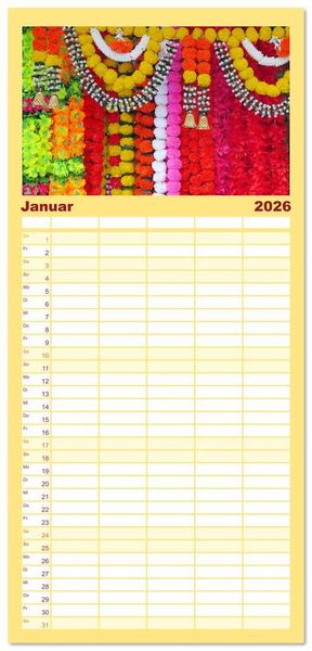 Produktbild: Familienplaner 2026 - Asien - Farbenfrohe Blumenketten mit 5 Spalten (Wandkalender, 21 x 45 cm) CALVENDO