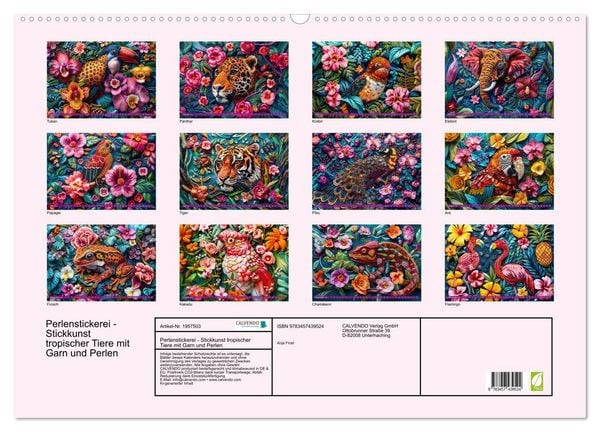 Produktbild: Perlenstickerei - Stickkunst tropischer Tiere mit Garn und Perlen (Wandkalender 2026 DIN A2 quer), CALVENDO Monatskalender
